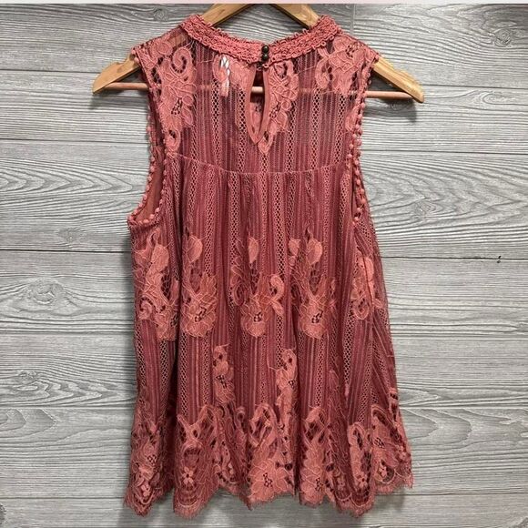 Pink Boho Fairy Tunic Top Size L Floral Mesh Lace Whimsical Cottagecore - Picture 2 of 7